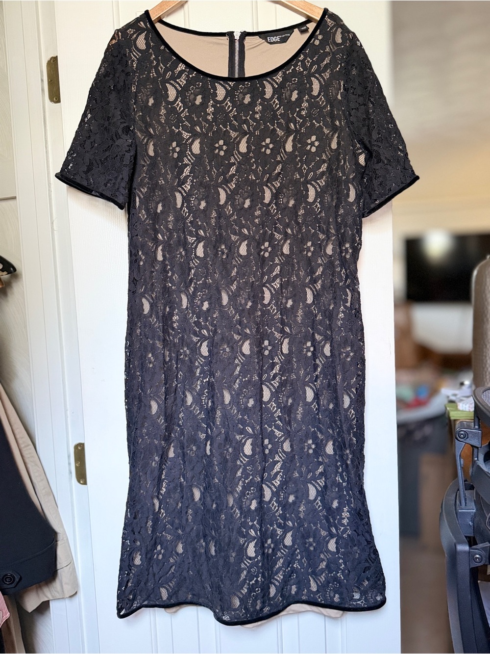 edge Black Lace Shift Dress with Nude Underlayer